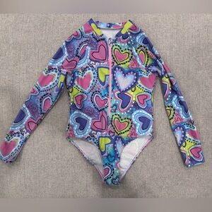 SHEIN Girls' Long-Sleeve Heart Print One-Piece Swimsuit - Pink, Purple & Blue